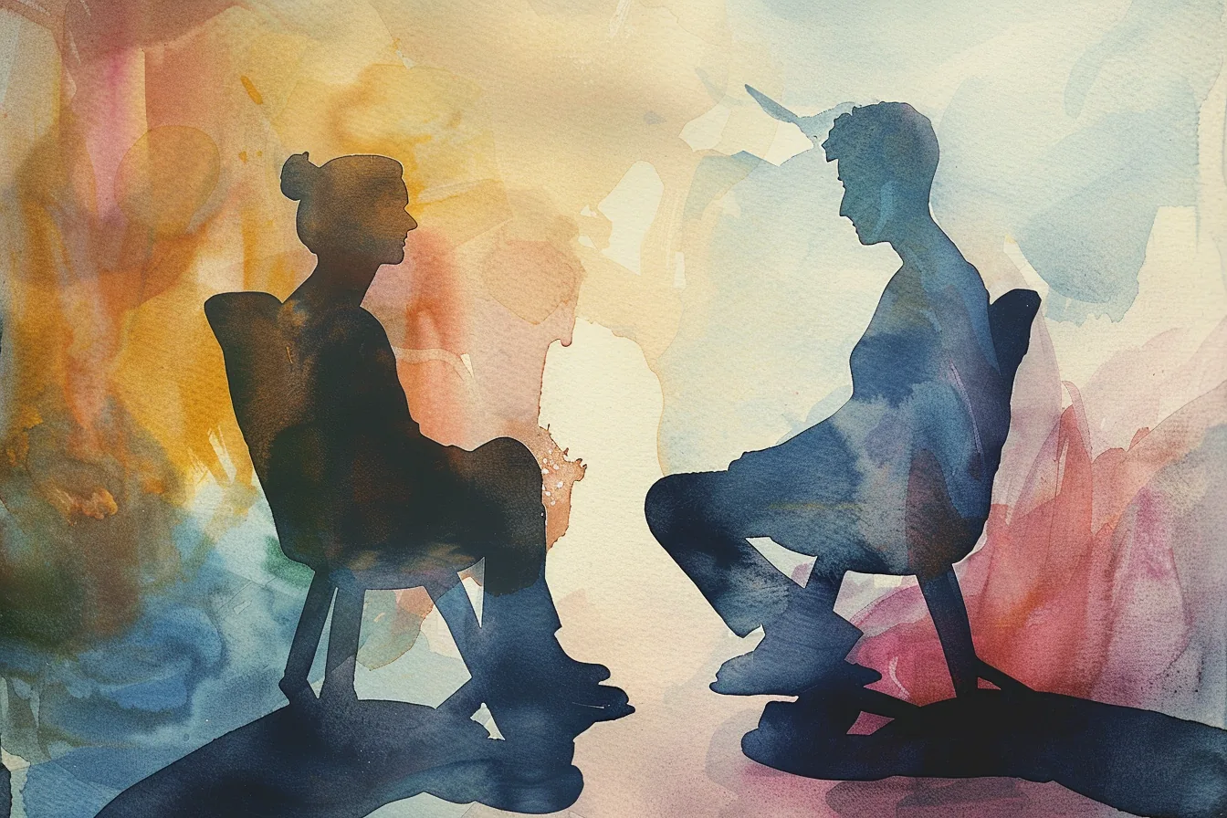 Watercolour illustration of two people seated facing each other in an individual counselling session.